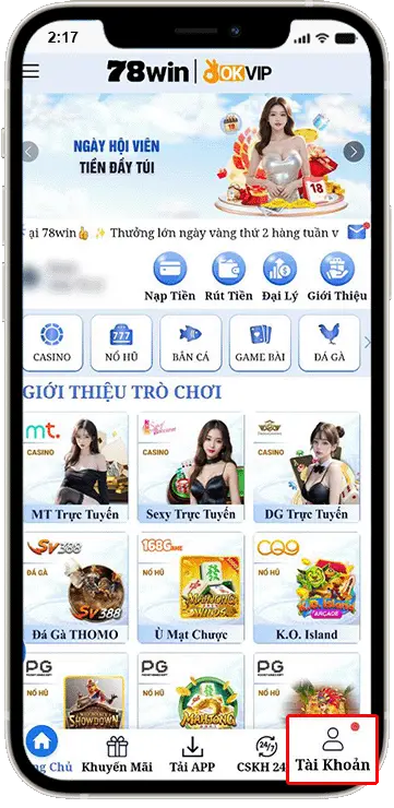 Bước 1 : Tại Trang Chủ , Chọn Tài Khoản